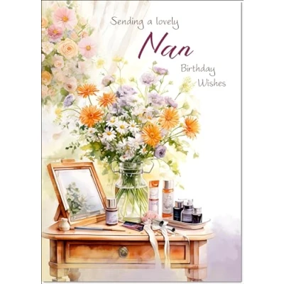 Image of doodlecards Nan Birthday Card Dressing Table Bouquet Medium Size with Plain Envelope