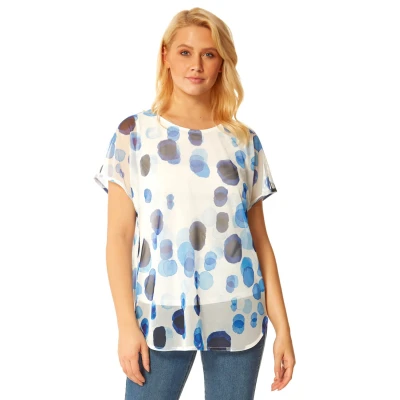 Image of Roman Originals Womens Floral Spot Mesh Overlay Top Ladies Smart Casual Office Work Blouse Soft Everyday Lounge Oversized Stretch Sweatshirt Comfy Shirt Blue Size 10