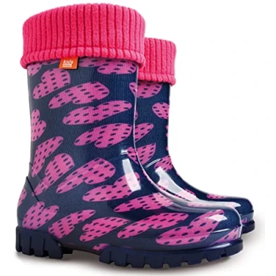 Image of Demar Kids Boys Girls Wellies Rain Boots Warm Fleece Lined Light Unisex Children Wellington 13 UK Child /1 (label 32/33) Dots Hearts