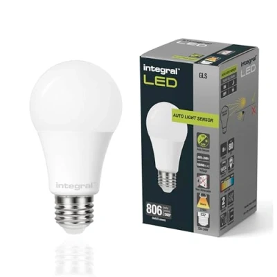 Image of Integral LED Low Energy Dusk Till Dawn Sensor Light Bulb ES E27 Screw Cap =60w Warm White 2700K,8 Watts