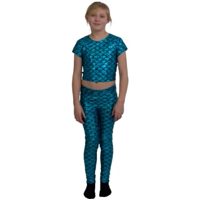 Image of Crazy Chick® Girl&#039;s Shiny Mermaid Turquoise Leggings Metallic Fish Scale Tights Costume 5 6 Years