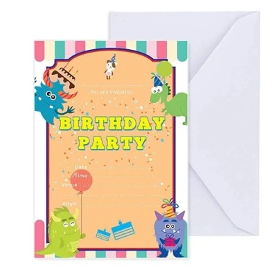 Image of Papa Prints Pack of 32 Monster Boys Birthday Invitations for (105 x 149 mm) Invitation Cards with Envelopes Card Kids Party