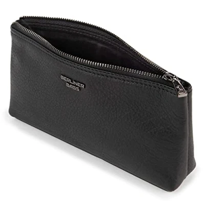 Image of Berliner Bags Premium Anna Leather Cosmetic Bag, Small Pencil Case for Women and Girls, black/black, Make Up Pouche