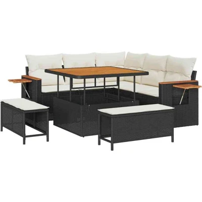 Image of vidaXL 8 Piece Garden Sofa Set with Cushions Black Poly Rattan Acacia