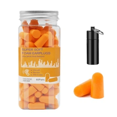 Image of Soft Foam Ear Plugs with Aluminum Carry Case, 60 Pairs 38db Noise Reduction Sponge Earplugs Cancelling for Sleeping, Travel, Concerts, Studying, Work, Loud (Orange)