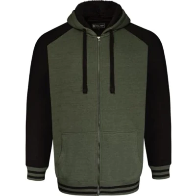 Image of KAM Mens Zip Through Sherpa Lined Raglan Hoodie Green 4XL