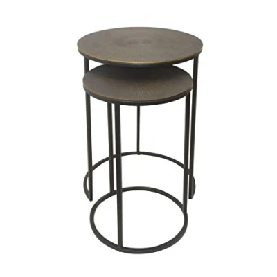 Image of Aspect Hiba Round Nest of 2, Sunburst Pattern Metal Table (Antique Bronze/Black), 40 Dia x 55(H) cm