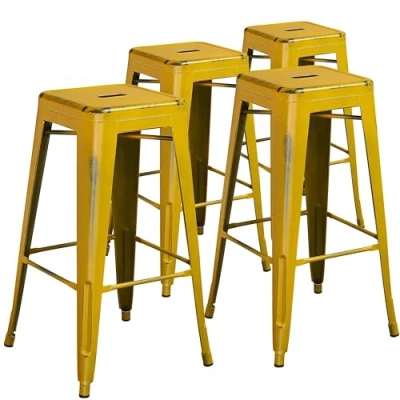 Image of Flash Furniture Commercial Grade 4 Pack 30&quot; High Backless Distressed Yellow Metal Indoor Outdoor Barstool