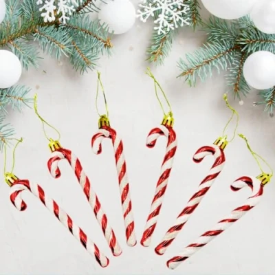 Image of Glitter Candy Cane Christmas Tree Hanging Decoration Bauble Xmas Ornament Pack of 6 13cm (Red)