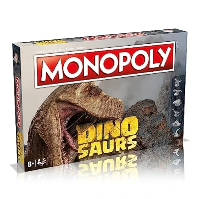 Image of Monopoly Dinosaurs Board Game, Advance to T Rex, Velociraptor or Triceratops and trade your way success, makes a great gift for players aged 8 plus