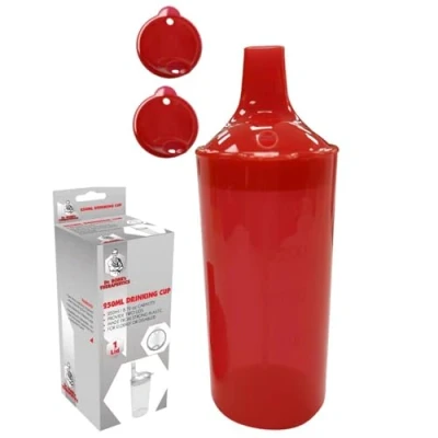 Image of Plastic Feeding Cup with 2 Lids Adult Feeder Beaker Large &amp; Small Spouts, Straw Holes Ideal for Liquids Blended Foods Easy to Hold, Spill Resistant, Perfect Home Hospital Use (Red)