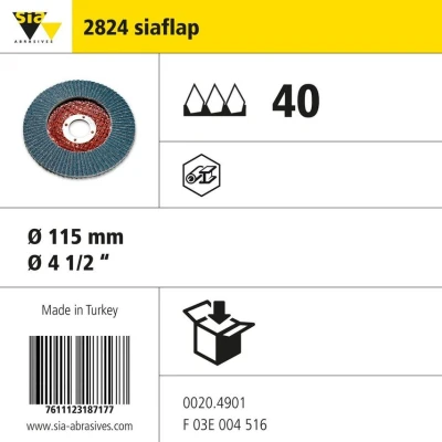 Image of sia Abrasives 0020.4901 siaflap 2824 siamet x Economy Fibre Glass Backed Flap Disc, Angled, 40 Grit, 115mm 22mm, Pack of 10