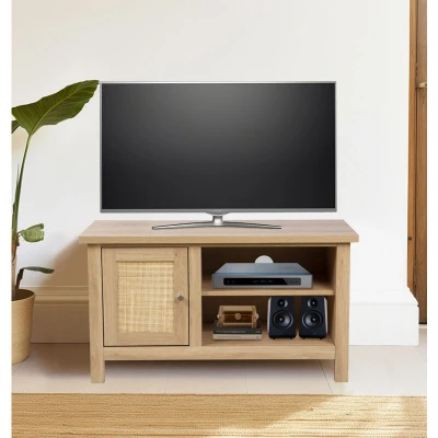 Image of Hallowood Furniture Newquay Oak Effect Small TV Stand with Rattan Front, Wooden Cabinet, Cabinet Storage, for Living Room &amp; Bedroom