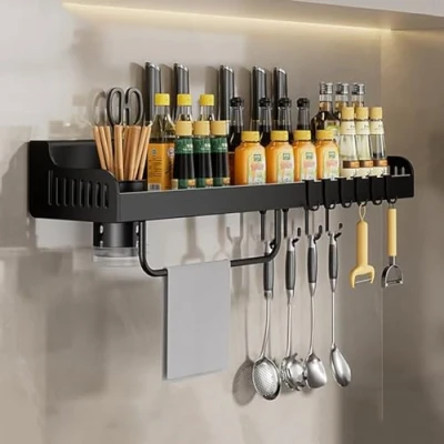 Image of Hovoto Spice Rack Wall Mounted, Kitchen Shelves, Utensil Storage Organizer Shelf, seasoning rack, Hanging Racks With knife slot, 6 hooks, mugs, Towel black, 40cm