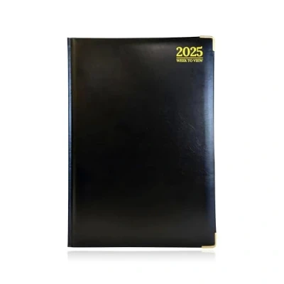 Image of G4GADGET Premium 2025 Diary Week on Two Pages View FSC Certified 80GSM Paper Gilt Edges A4 Black 30cmx21cm