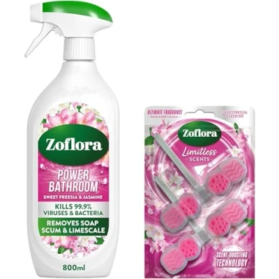 Image of Zoflora Sweet Freesia &amp; Jasmine Bundle Power Bathroom Cleaner 800 ml Rim Blocks, 2 x 131g Pack