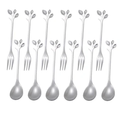Image of NEWOTE 12 Pieces Stainless Steel Leaf Shape Mini Dessert Spoons Forks Set, 4.7&#039;&#039; Home Kitchen Tableware Demitasse Espresso Coffee Cake Mixing Stir Ice Cream Fruit Teaspoon Fork