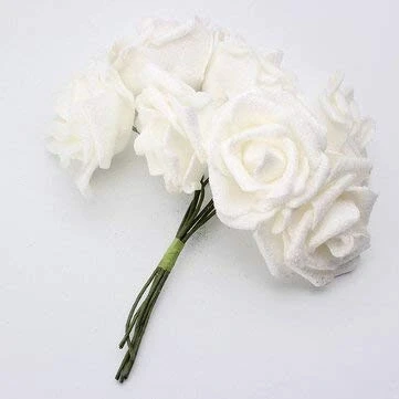 Image of Young21 7Pcs Artificial Bouquet Glitter Foam Flowers Wedding Bridal Party Decor Diy Rose White