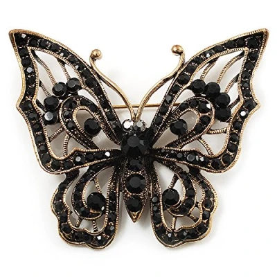 Image of Avalaya Vintage Black Crystal Butterfly Brooch (Antique Gold)