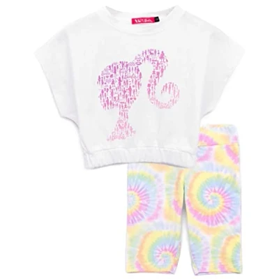 Image of Barbie T Shirt Cycle Shorts Set for Girls Kids Logo with Tie Dye Colour Bottoms Elasticated Top and Waistband 11 12 Years White