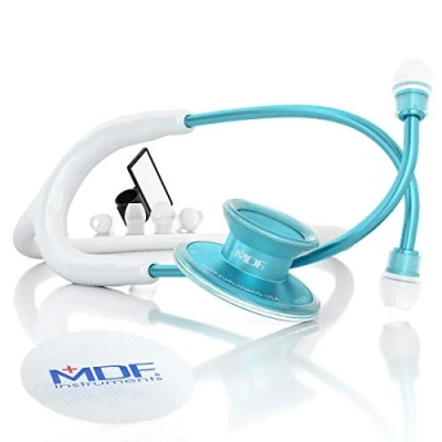 Image of MDF Acoustica Lightweight Stethoscope for Doctors, Nurses, Students, Home Health Use, Adult, Dual Head, White Tube, Aqua Chestpiece Headset, MDF747XPAQ29