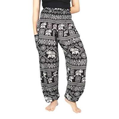 Image of Lofbaz Harem Pants for Women Yoga Boho Hippie Clothing Palazzo Bohemian Beach Trousers Maternity Pajama Indian Gypsy Travel Clothes Elephant Stamp Black 3XL