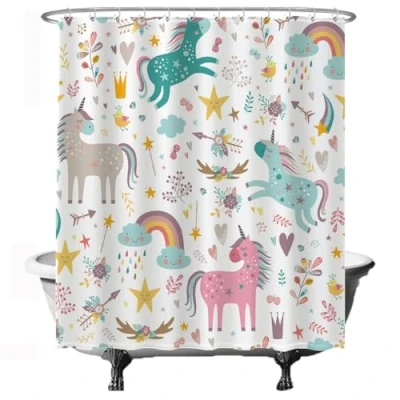 Image of Ulticool Shower Curtain Unicorn Horse Clouds Star Rainbow 180 x 200 cm Washable Waterproof with 12 Rings White Pink Brown Green