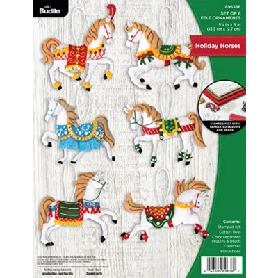 Image of Bucilla, Holiday Horses, Felt Applique 6 Piece Ornament Making Kit, Perfect for DIY Needlepoint Arts and Crafts, 89638E