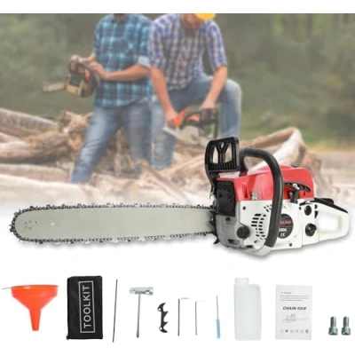Image of 20&quot; Petrol Chainsaw, 58CC 2 Stroke Engine Chainsaw Petrol, Handheld Cordless Chain Saw, High Power for Wood Cutting and Tree Trimming (Red 2)