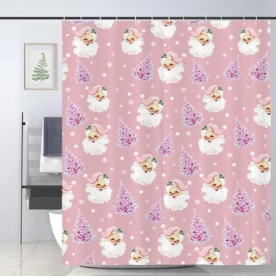 Image of JOOCAR Pink Christmas Shower Curtain Merry Happy Santa Claus Curtains Watercolor Holiday Bathroom Decor Polyester Fabric Waterproof Set with 12 Hooks, 165x180cm