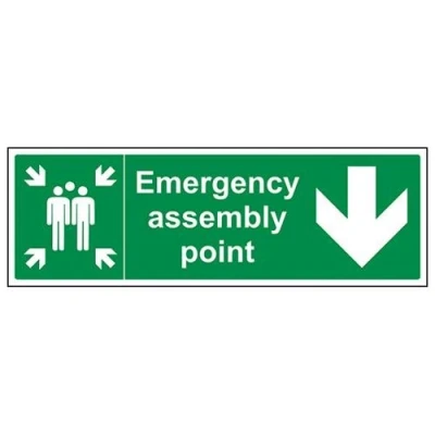 Image of V Safety Emergency Assembly Point Arrow Down Sign 450mm x 150mm 1mm Rigid Plastic