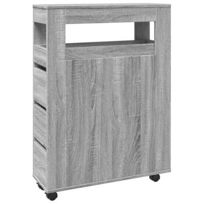 Image of vidaXL Grey Narrow Bathroom Cabinet with Wheels Storage Solution, Slim Engineered Wood Cabinet, 23 x 33 65 cm, Ideal for Bathroom/Kitchen/Living Room