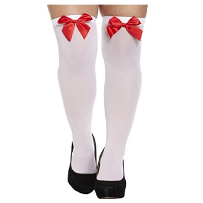 Image of Halloween White Hold Up Stockings With Red Bow Fancy Dress Accessory