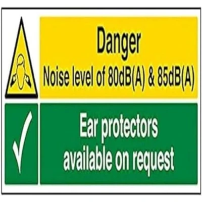 Image of V Safety Noise Hazard. Ear Protectors Available On Request Sign 450mm x 150mm 1mm Rigid Plastic