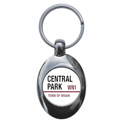 Image of Ozorath Central Park Town Of Wigan WN1 Road Sign Keyring Keychain Key Ring Chain With Trolley Coin