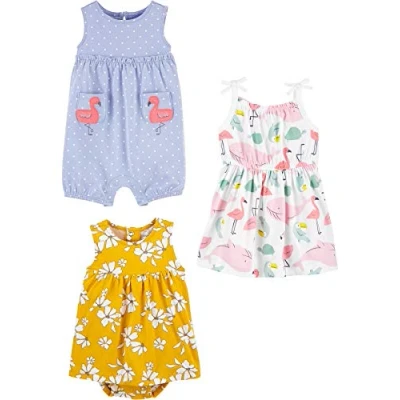 Image of Simple Joys by Carter&#039;s Baby Girls&#039; 3 Pack Romper, Sunsuit and Dress, Flamingo/Flowers/Sea Friends, 0 Months (Pack of 3)