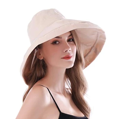 Image of AIDIER Women Wide Brim Sun Hats with Straps Ladies Foldable UPF 50+ Protective Bucket Hat Elegant Travel Summer Beige