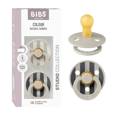 Image of BIBS Pacifiers Colour Studio 2 Pack Round Nipple Baby Pacifier BPA Free Natural Rubber Latex Soother Made in Denmark Size 0+ Months Block Sand