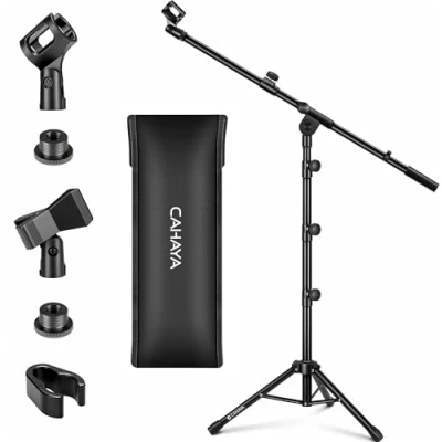 Image of CAHAYA Tripod Boom Sheet Mic Stand Microphone Metal Foldable Portable with Carrying Bag and Two Clips for Performance Speech Wedding Singing Outdoor