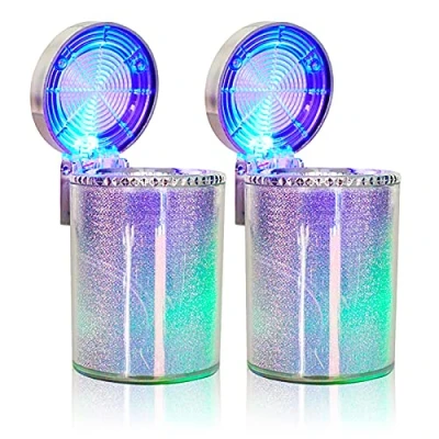 Image of Fcslvy Car Ashtray, Portable Travel Auto 2pcs Easy Clean Up Detachable Ashtray with LED Light Flip Lid, Self Extinguishing Ash Tray for Cars Van Outdoors Camping