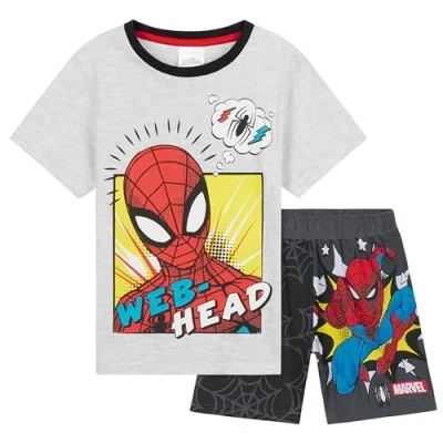 Image of Marvel Boys Short Pyjama Set, Soft Breathable Lounge Wear Gifts (Grey/Black Spiderman, 9 10 Years)