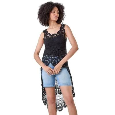 Image of Roman Womens Cotton Crochet Dipped Hem Knit Top Black Size 12 UK