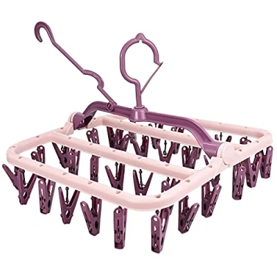 Image of Sock Drying Racks, Folding Laundry Hanger with 32 Pegs Clothes Rack, Wind proof Rack Hanging Dryer Airer for Socks Underwear Shoe Insoles Baby Gloves (Pink)