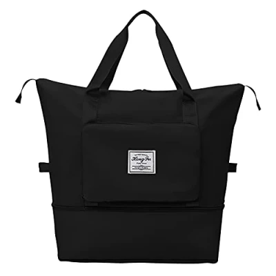 Image of Large Capacity Folding Travel Bag, Portable Foldable Bags Lightweight Waterproof Oxford Fabric Dry and Wet Separation Gym Duffel Shoulder Bag (Black)