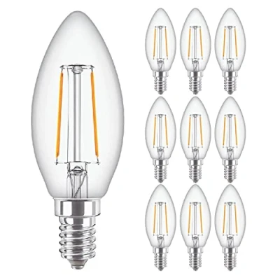 Image of Philips 10 Pack Classic LED Clear Filament Candle B35 Lamp 2W (25W) E14 SES Small Edison Screw 2700k Warm White 250 Lumen 15000 Hours Car Air Freshener Included 80+ CRI