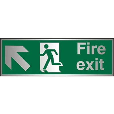 Image of Seco Fire Exit Arrow Pointing Up &amp; Left, Man Running Sign, 300mm x 100mm Brushed Aluminium Acrylic