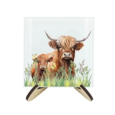 Image of Highland Cow Coaster Set Square Glass Mum &amp; Baby Calf Animal Design of Four (4) Coasters Wood Effect Stand
