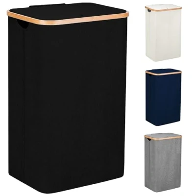 Image of SG Traders 100L Laundry Hamper with Lid Large Hampers for Handles Baskets Bedrooms Bamboo Bathroom Tall Bin (Black)