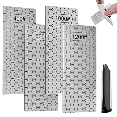 Image of Diamond Whetstone, 4 Pieces, 400/600/1000/1200 Grit Sharpening Stone Set with Knife Grinding Angle Aid, Ultra Thin Plates, Emery