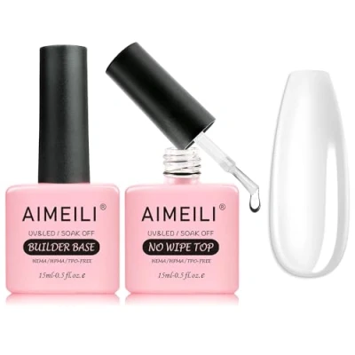 Image of AIMEILI Hema Free Top Coat and 7 in 1 Builder Base Set, Clear No Wipe Gel Strengthening UV LED Nails Extension Polish Quick Long Lasting Nail 2 x 15ml